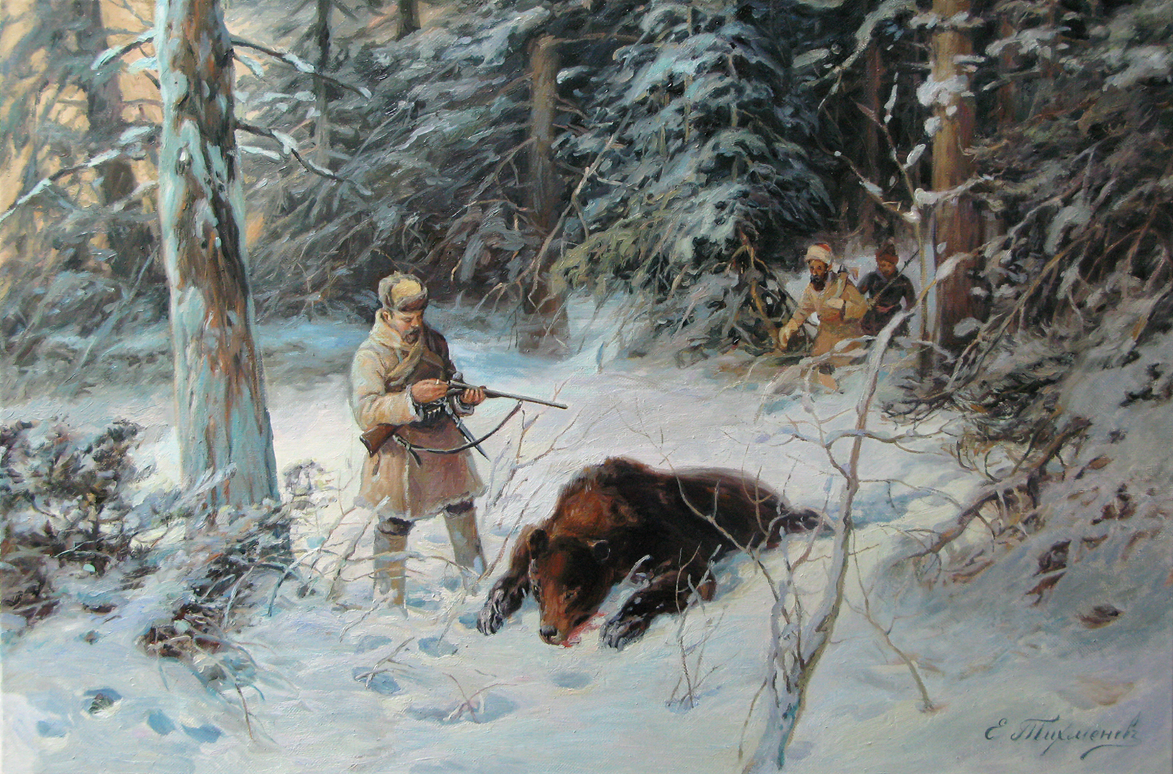 Зимняя сцена с тремя охотниками  ...