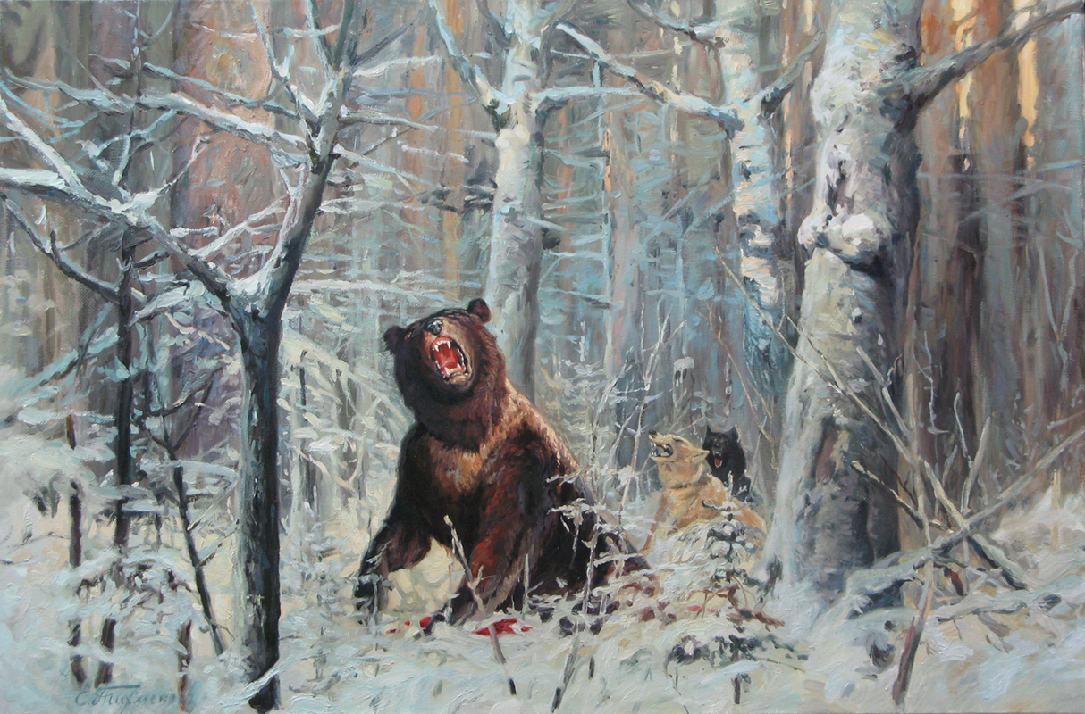 Зимняя сцена с медведем и преследующими  ...
