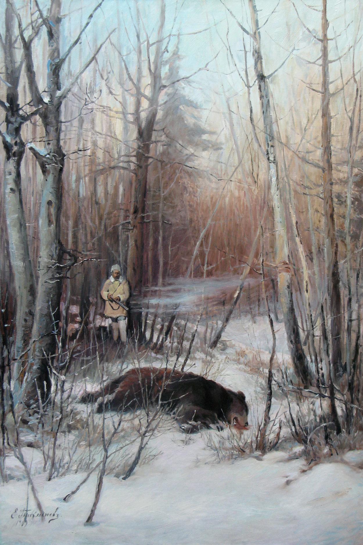 Зимняя сцена с охотником и убитым медведем. ...