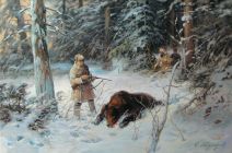 Зимняя сцена с тремя охотниками и убитым медведем. 2010 г.